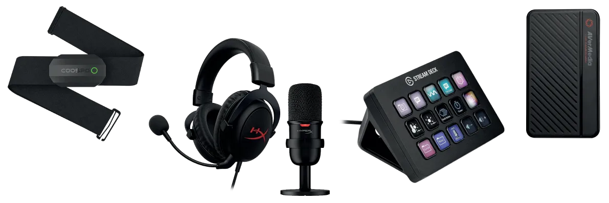 Raffle prizes: heart rate monitor, headset, microphone, Stream Deck and capture card