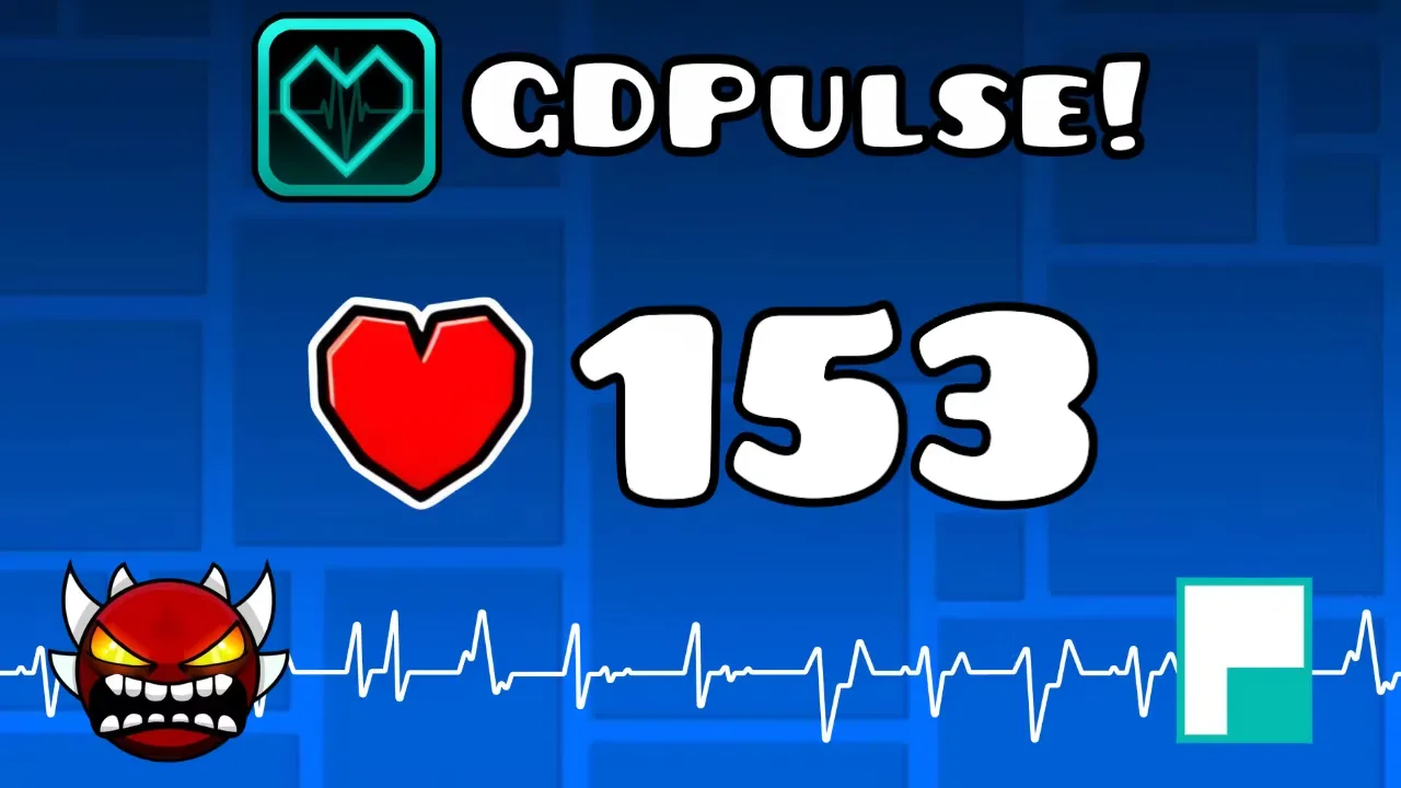 CDPULSE! game screen with heart icon and 153, angry red face, and a white heartbeat line on a blue background