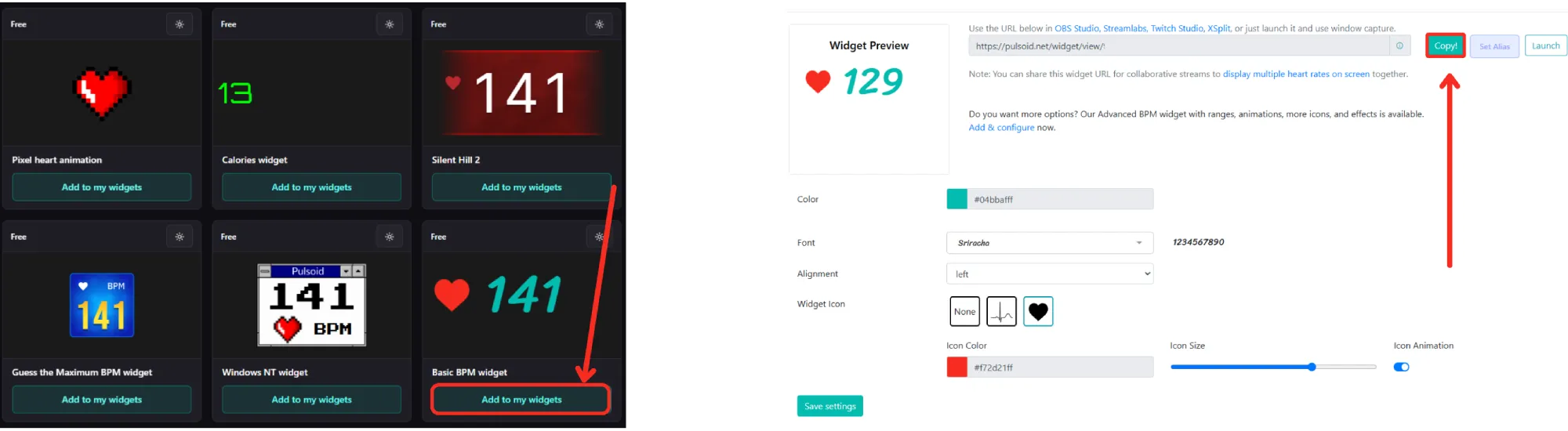 Split-screen Pulsoid widget gallery and settings page with heart BPM previews; red arrows point to Add to my widgets and Copy.