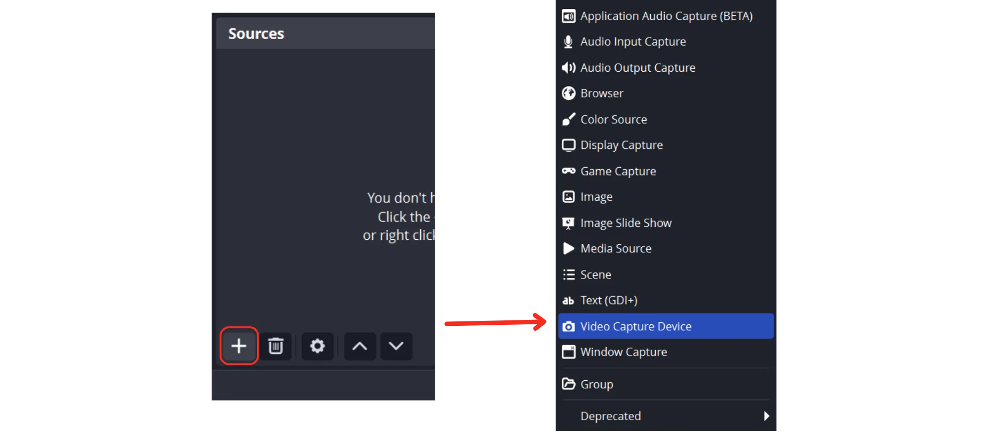 OBS Sources panel with plus button highlighted, pointing to menu option Video Capture Device in a dark interface.
