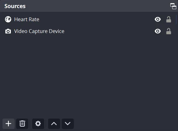 OBS Sources panel showing Heart Rate and Video Capture Device on a dark interface with add, delete, settings, and move icons