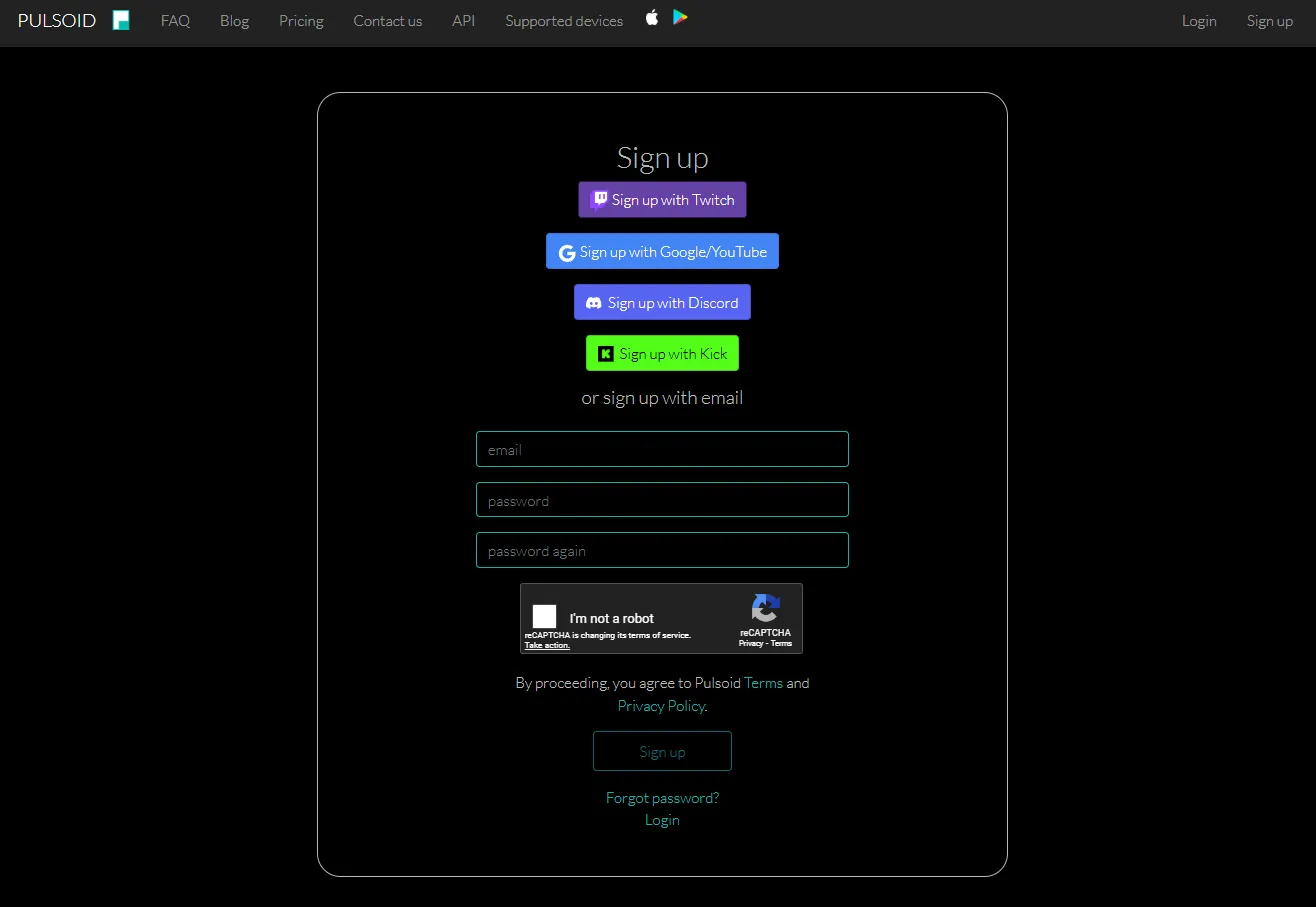 Pulsoid.net sign-up page