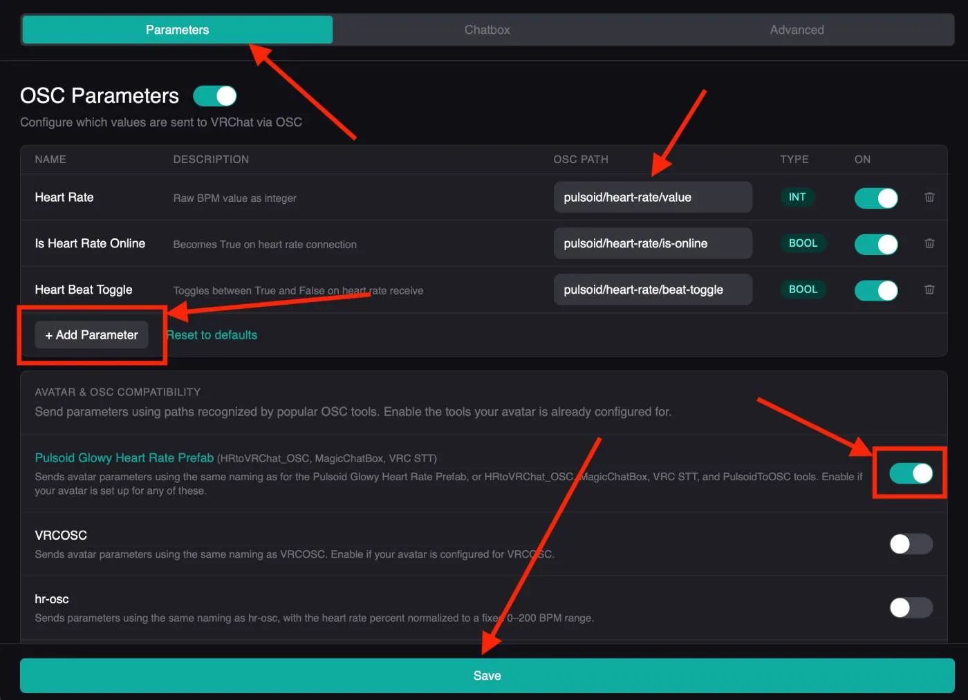 Pulsoid Desktop avatar parameters settings with VRChat OSC compatibility modes and custom parameter paths