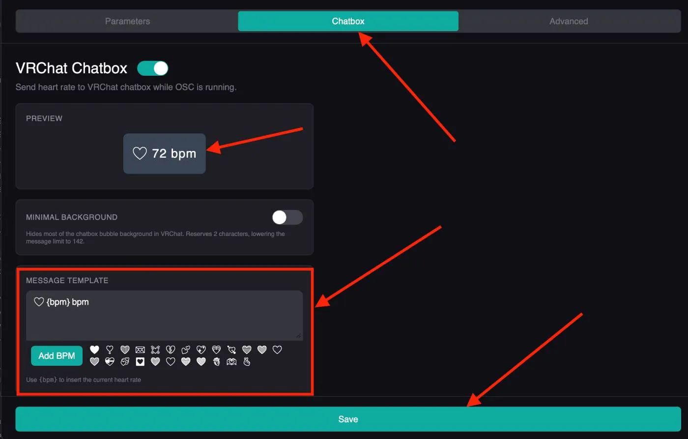 Pulsoid Desktop VRChat chatbox settings with custom heart rate message template