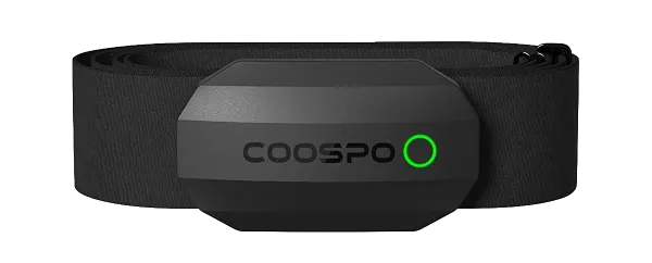 Black COOSPO chest strap heart rate monitor with green LED ring, centered on a plain black background.