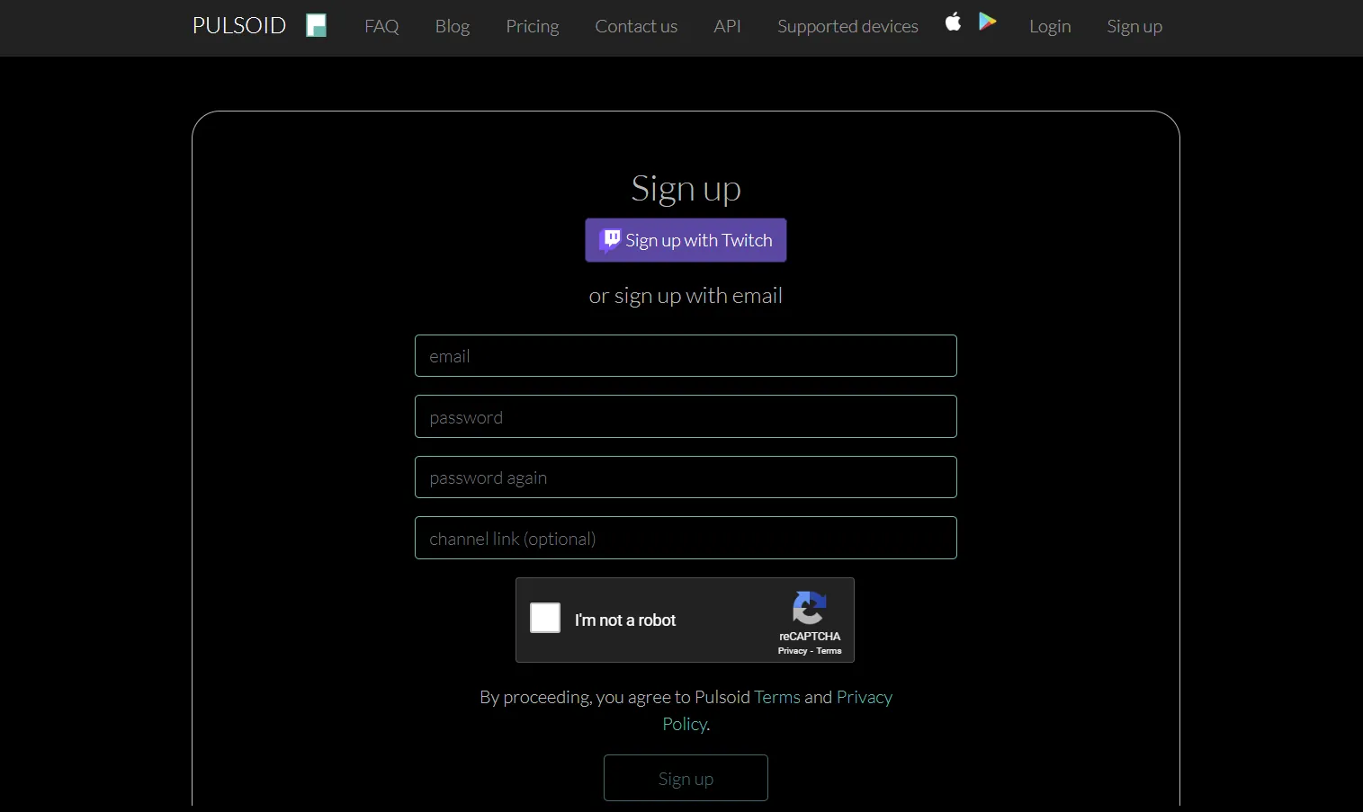 Pulsoid.net sign-up page